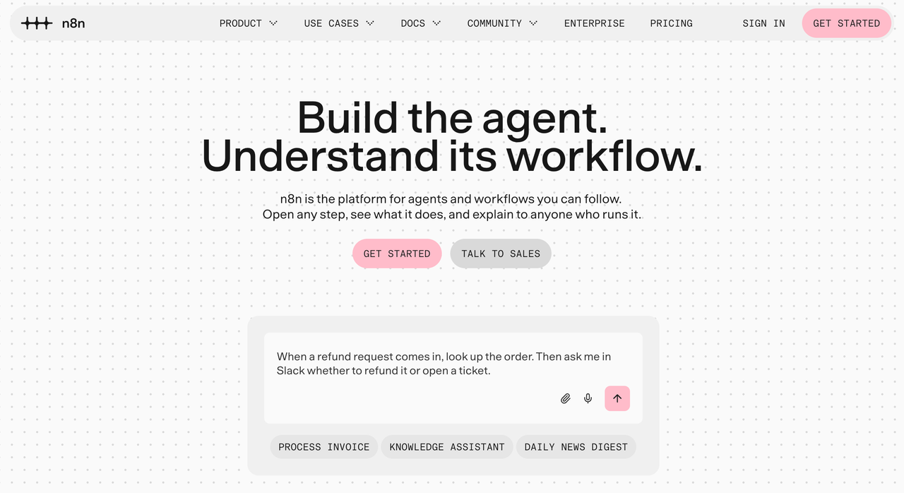 Homepage of n8n, an advanced workflow automation platform and open-source option among popular make alternatives.
