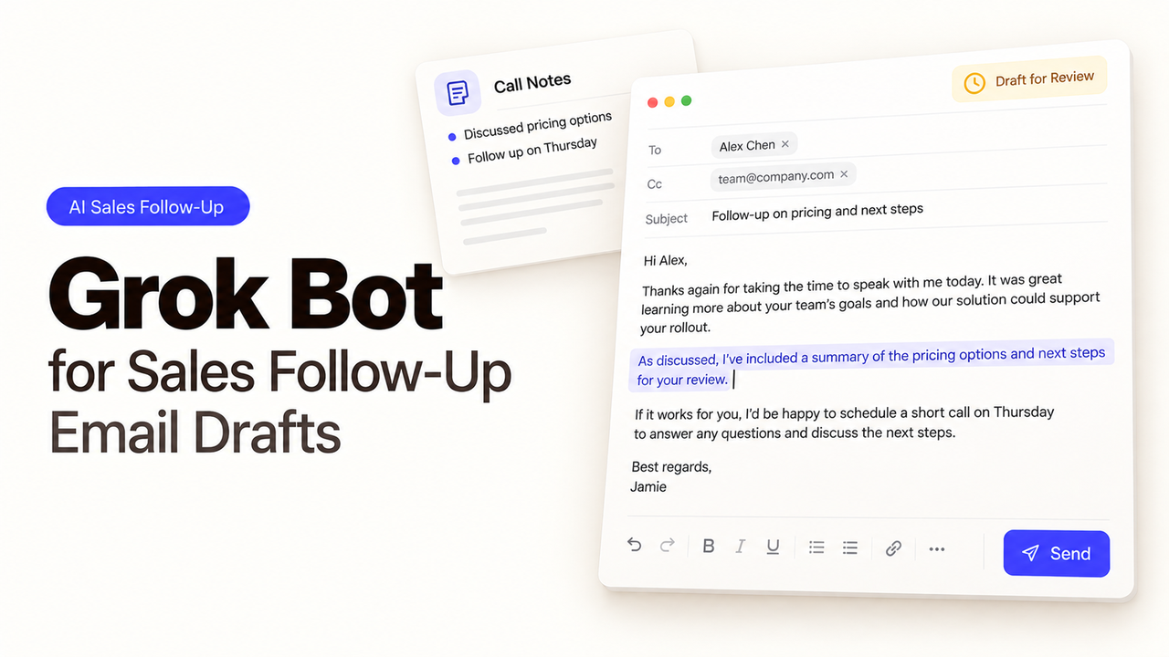 Draft automated follow-up messages using grok bot sales email tools based on recent call notes.