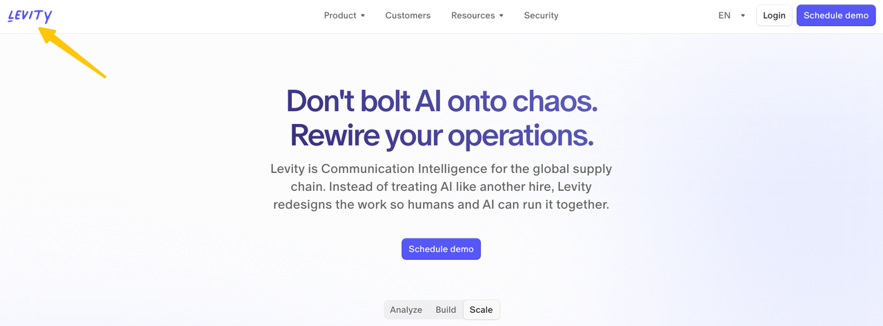 Levity AI homepage hero section featuring supply chain communication intelligence software logo.