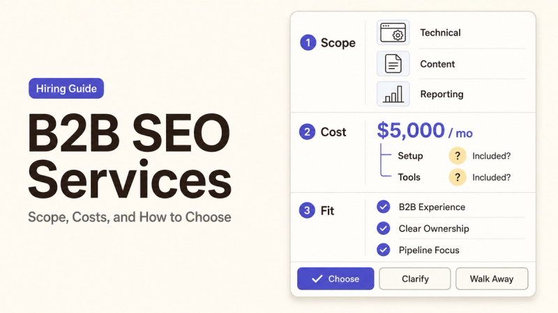 A checklist overview for hiring B2B SEO services, covering scope, costs, and agency fit criteria.