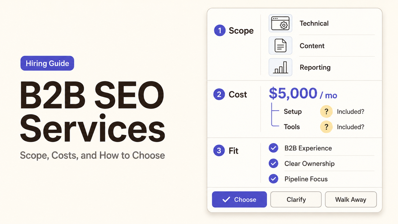 A checklist overview for hiring B2B SEO services, covering scope, costs, and agency fit criteria.