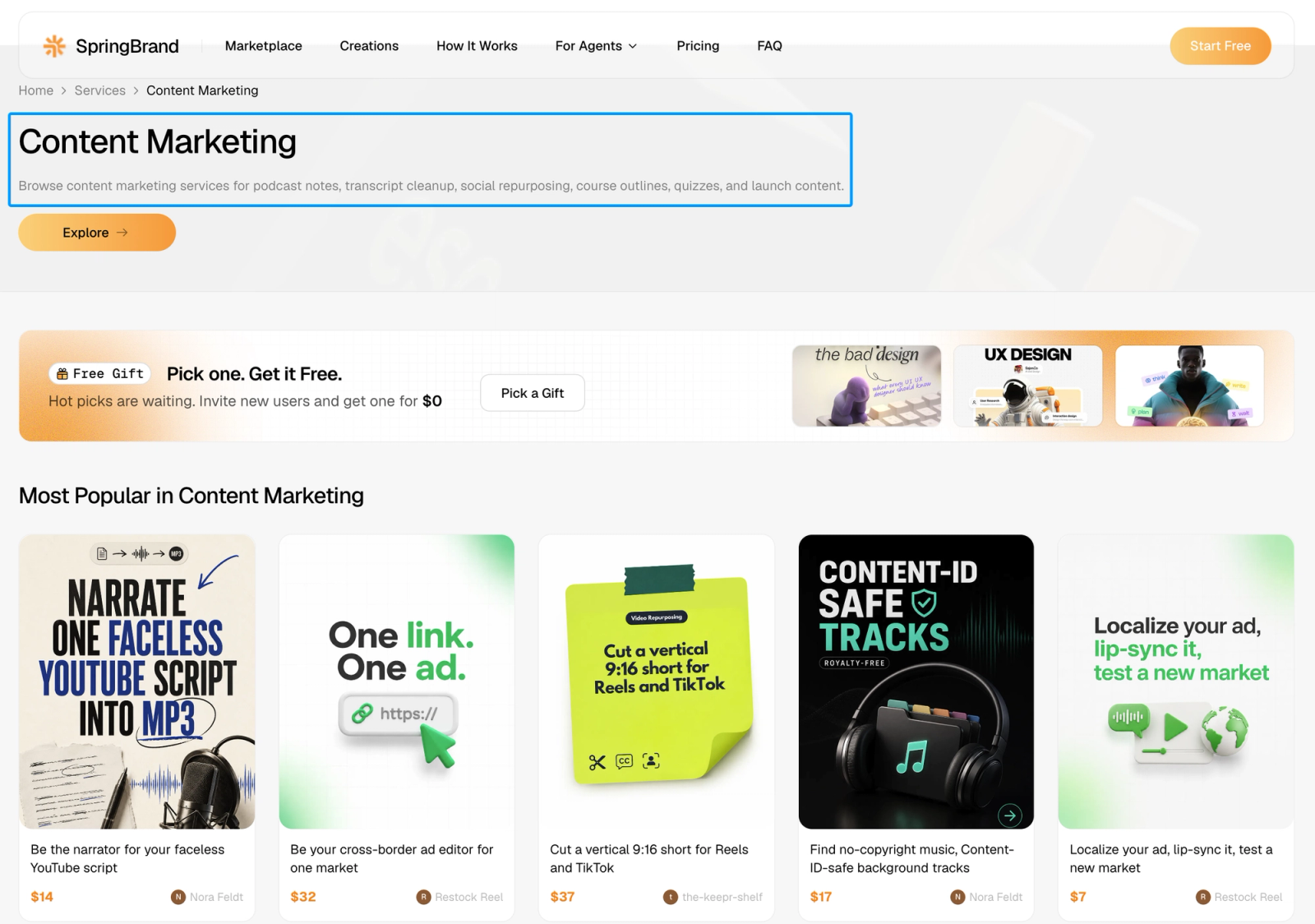 Website showing a variety of content marketing for startups services, including video creation and localized ads.