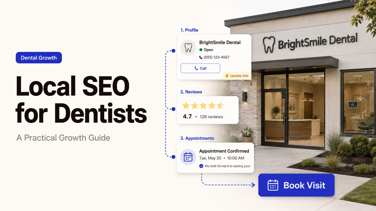 A comprehensive local SEO guide for dentists showing BrightSmile Dental, profile setup, reviews, and appointment booking.