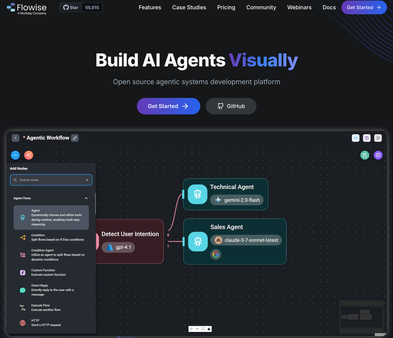 Flowise platform UI demonstrating node-based AI workflows, highlighting strong openclaw alternatives for users.