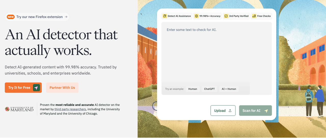 The Pangram AI Detector homepage featuring a text scanning tool that identifies AI-generated content with high accuracy.