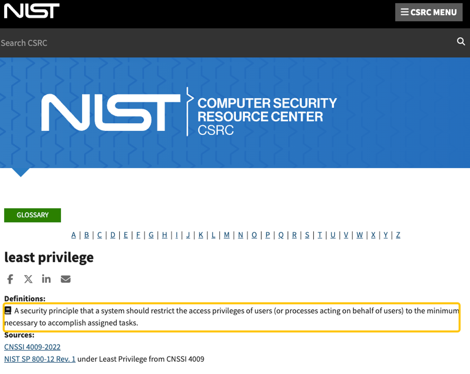 NIST definition of least privilege, a core security concept for AI agents in finance.