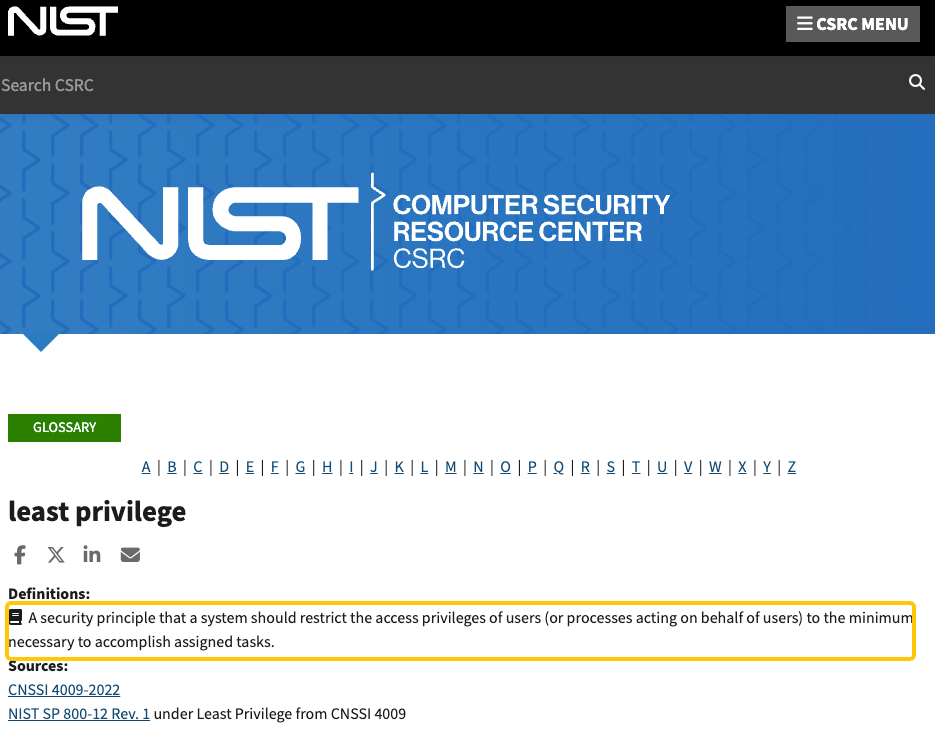 NIST definition of least privilege, a core security concept for AI agents in finance.