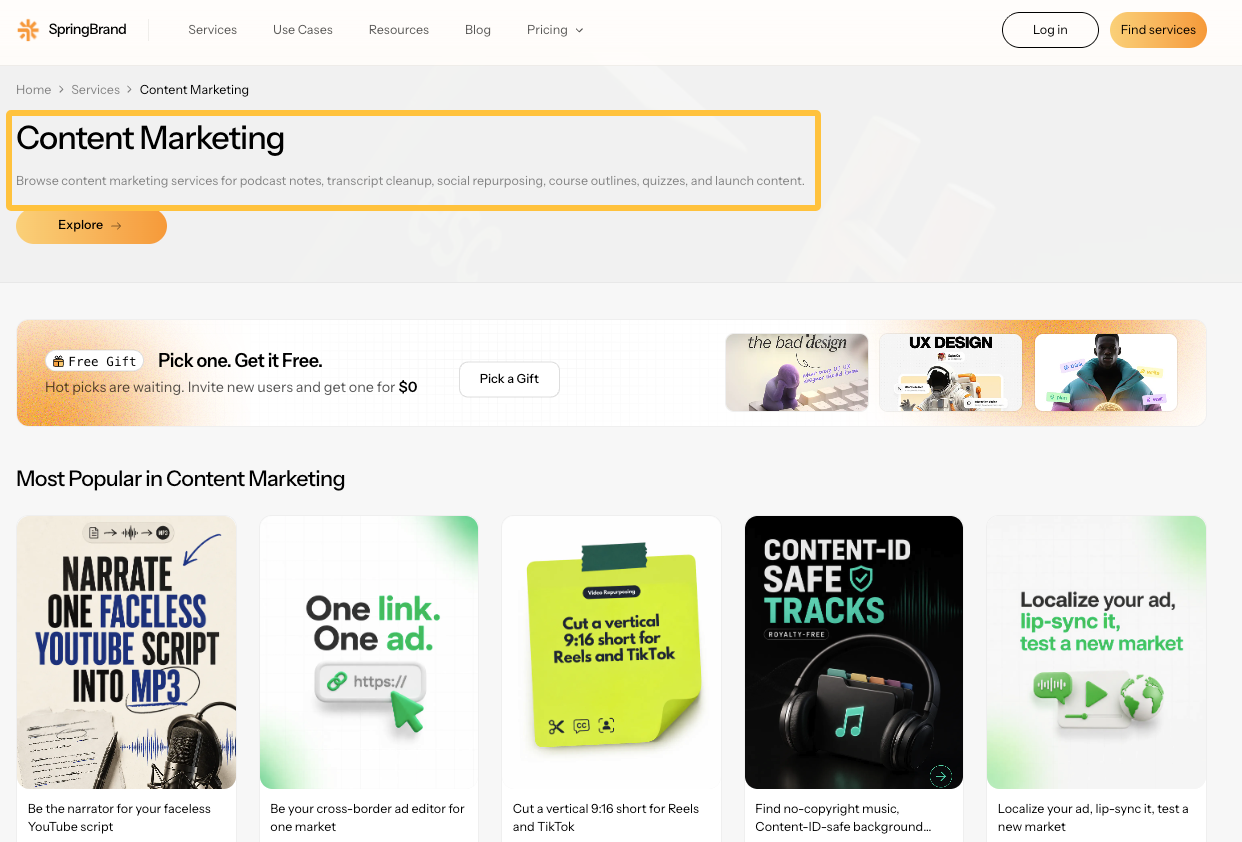 A content marketing services page demonstrating real-world seo copywriting examples optimized for user conversion and search.