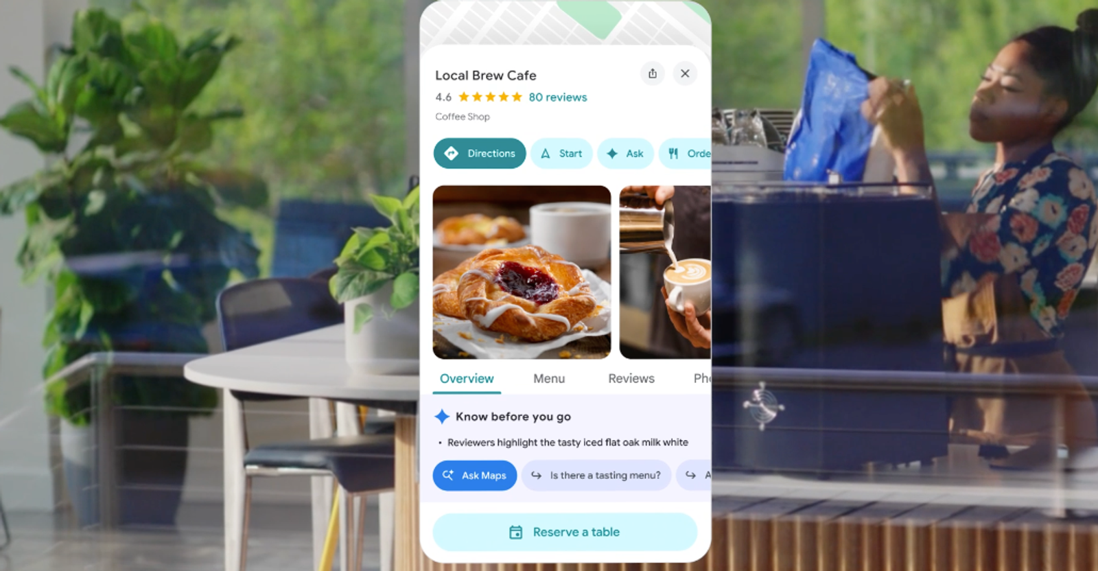 Mobile view of an optimized Local Brew Cafe listing with high reviews and customer actions, a result of professional google business profile optimization services.
