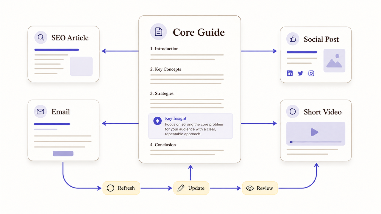 Core guide in a content marketing hub and spoke model for amplification repurposing.