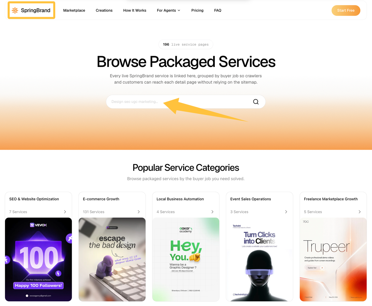 SpringBrand website showing packaged services and categories for businesses seeking document automation software solutions.