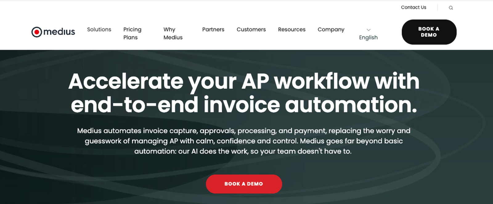 Medius AP automation software homepage promoting end-to-end automated invoice processing solutions.
