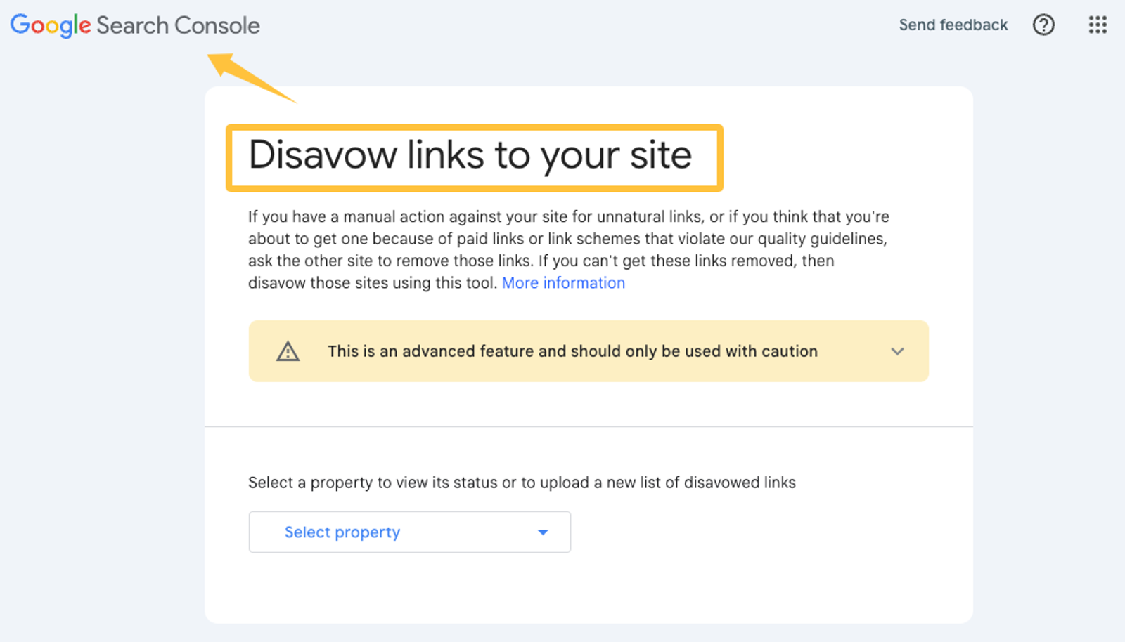 Screenshot of Google's 'Disavow links' tool, used as an advanced off-page strategy to clean up bad links and improve site health.