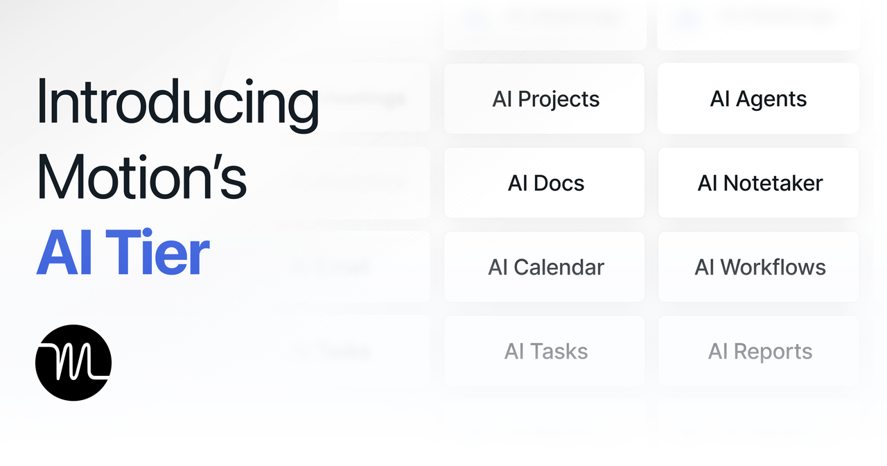 Overview of Motion AI Tier featuring intelligent tools like AI Projects, AI Calendar, AI Agents, and automated workflows.