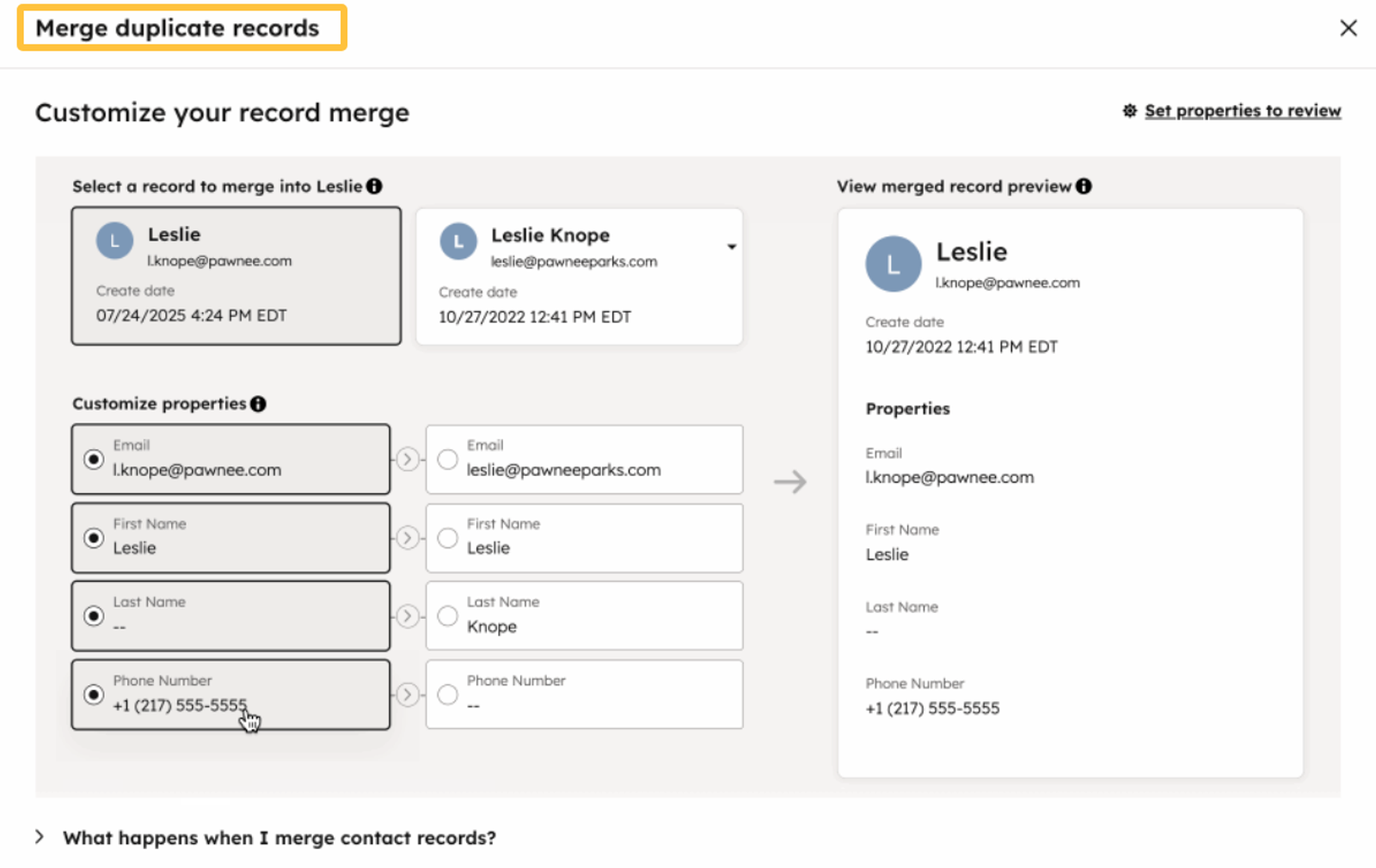 Interface for merging duplicate contact records in HubSpot to maintain data accuracy for effective sales automation.