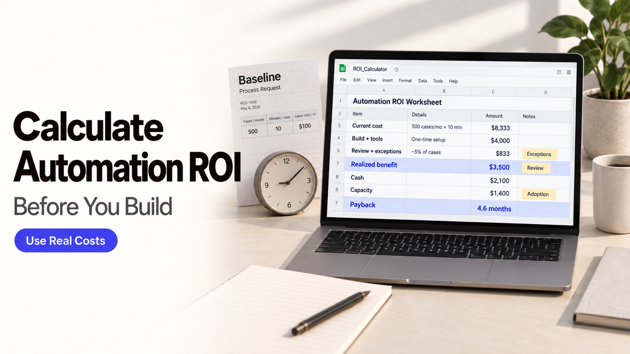 A laptop displaying an automation ROI worksheet on a desk, used to calculate business costs and savings.