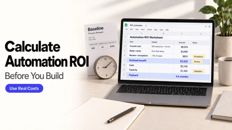 A laptop displaying an automation ROI worksheet on a desk, used to calculate business costs and savings.