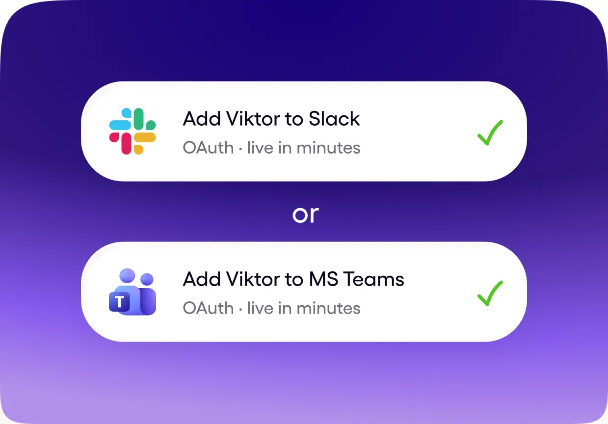 One-click integration options for connecting Viktor small business AI assistant to your Slack or Microsoft Teams.
