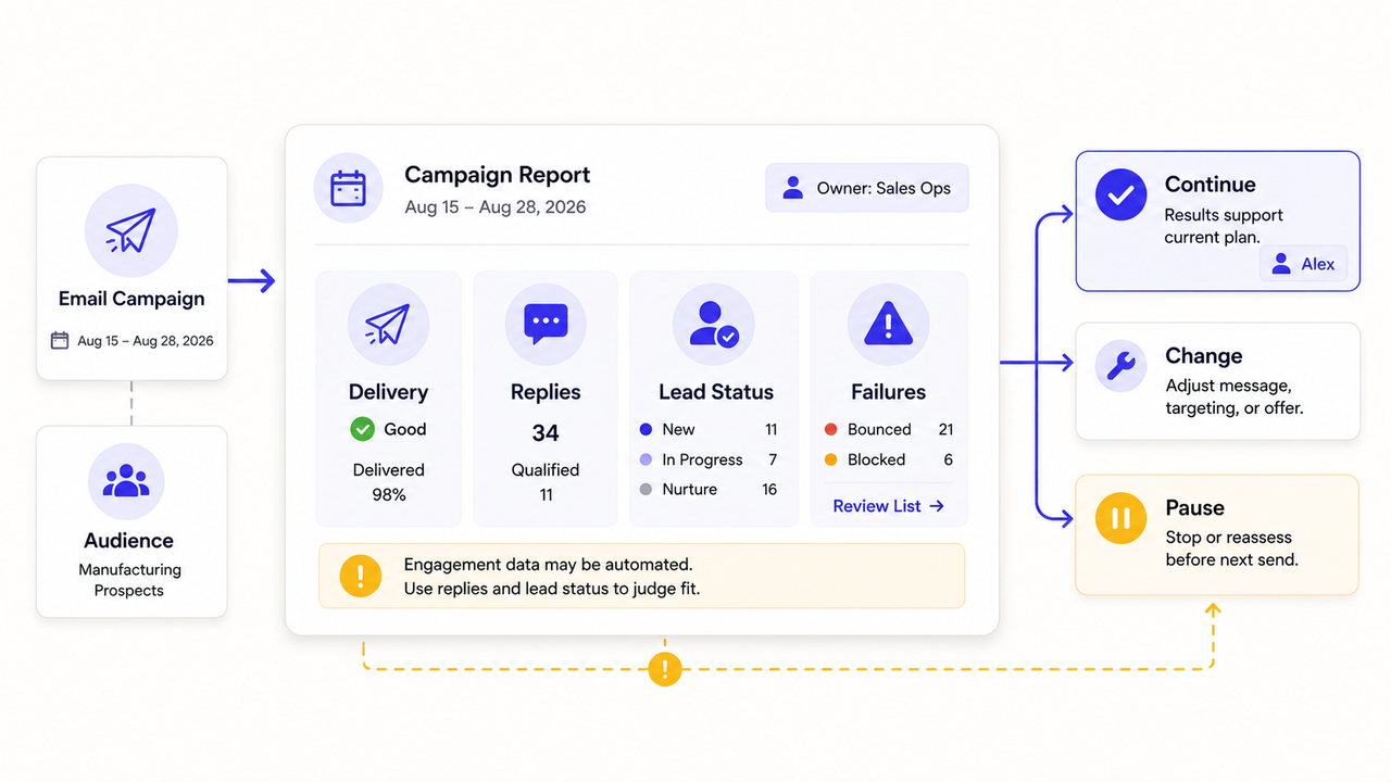 A B2B email marketing agency campaign report dashboard with data-driven continuous optimization decision paths.