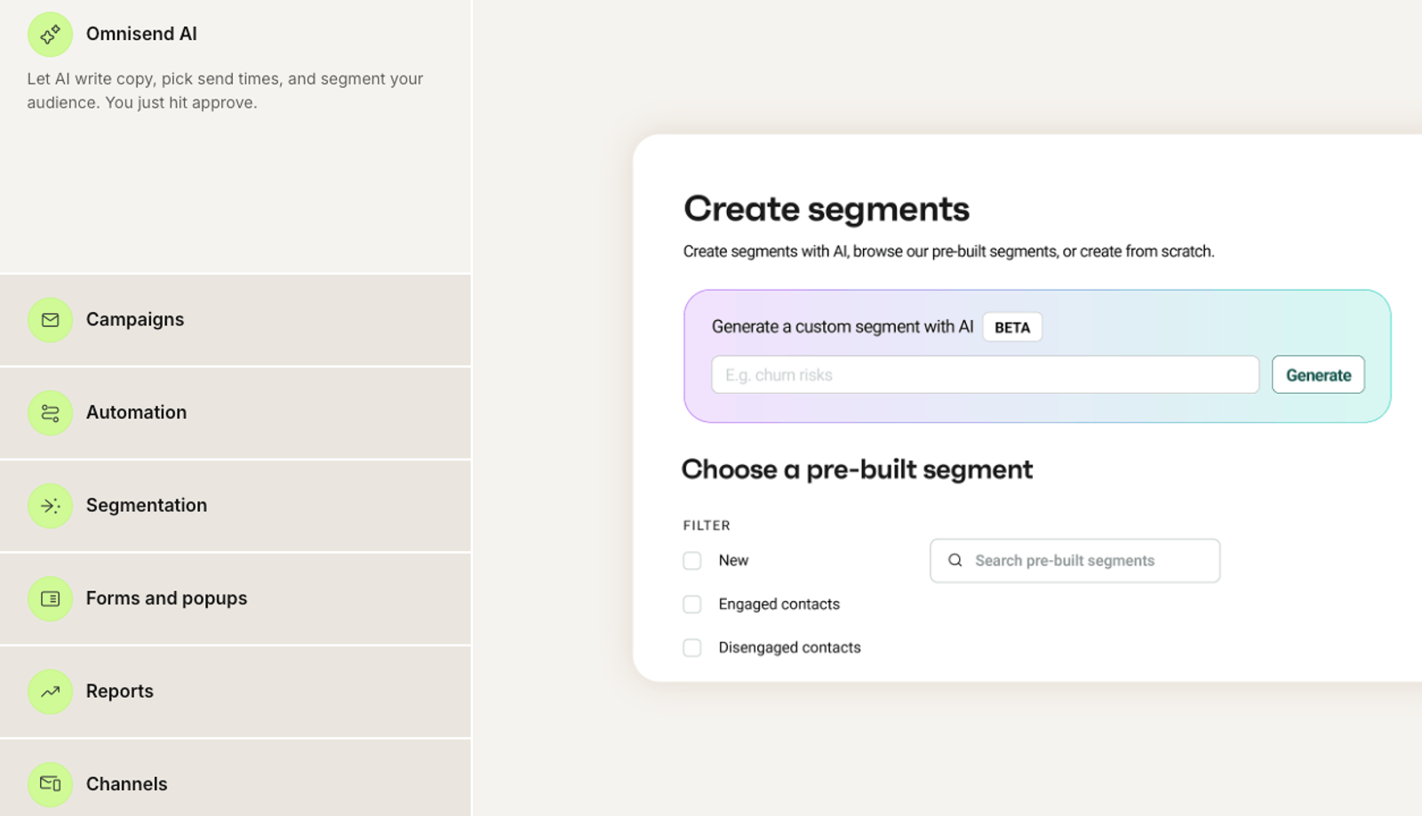 Custom audience segmentation builder using Omnisend marketing automation software.