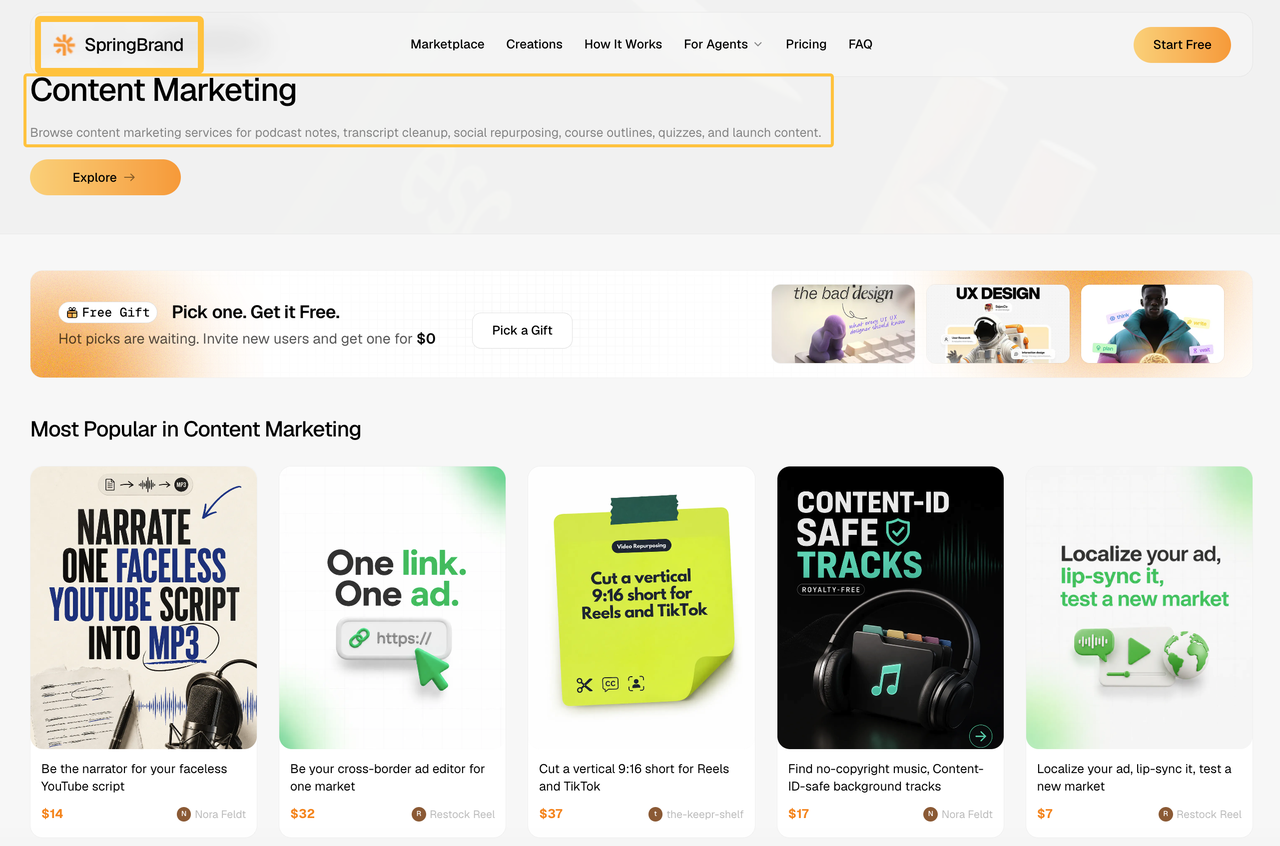 SpringBrand marketplace offering digital services to support your scaling and content marketing automation strategies.
