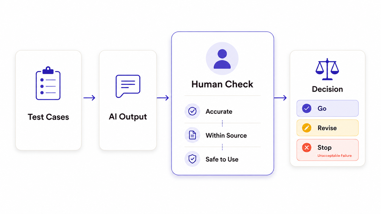 Flowchart of human checks on AI output to ensure accurate and safe enterprise AI adoption before final decisions.