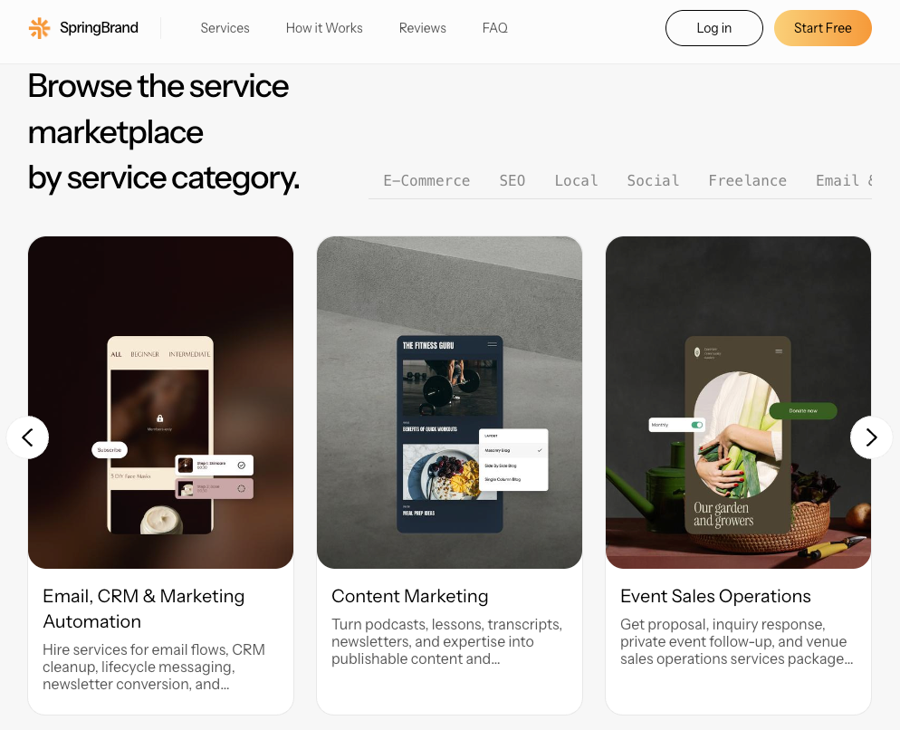 SpringBrand website screenshot of a service marketplace, featuring content marketing services that use an Instagram transcript for business.