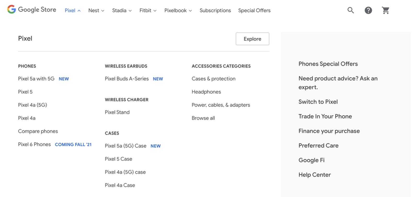 Example of optimized site navigation for a Google Store Pixel phone category, part of an ecommerce seo checklist.