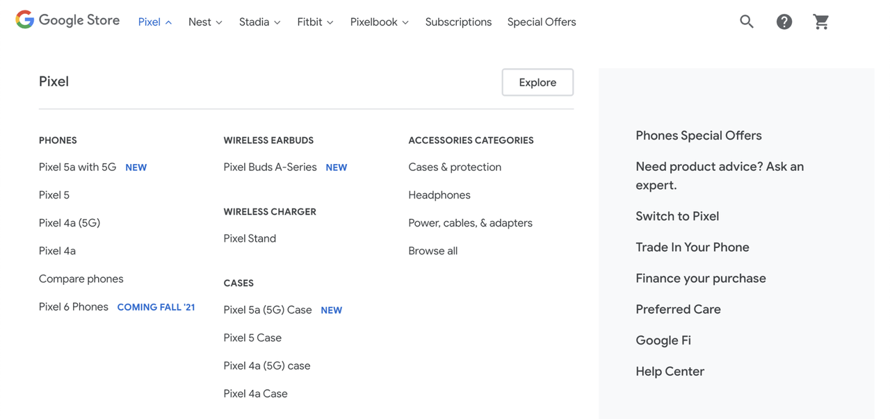 Example of optimized site navigation for a Google Store Pixel phone category, part of an ecommerce seo checklist.