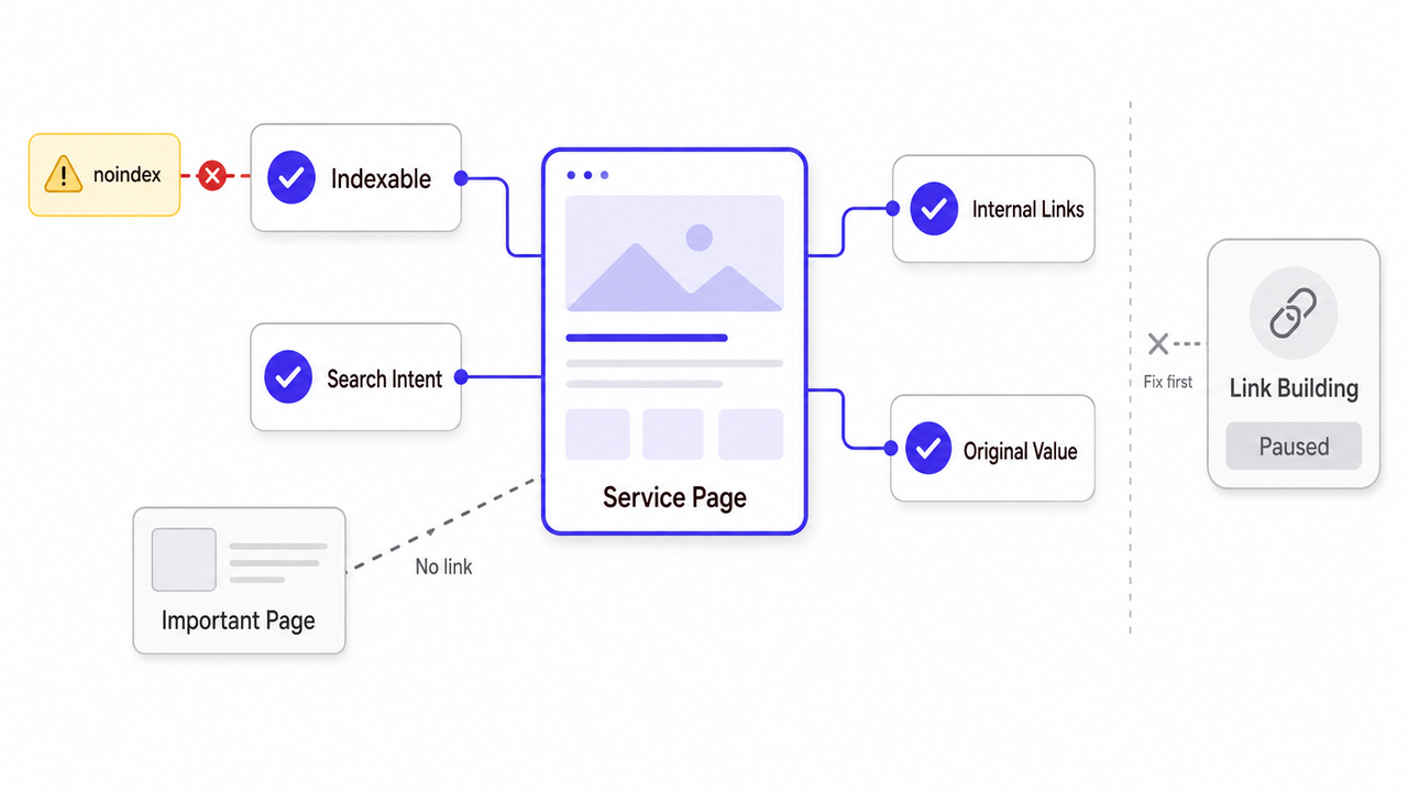 Internal optimization framework for a service page, focusing on indexability, content value, and internal links without external building.