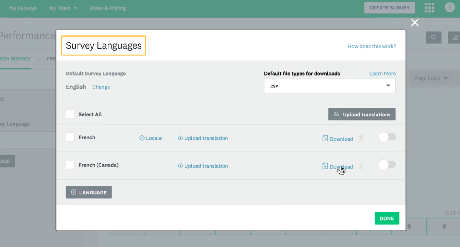 User interface showing language settings within robust customer feedback tools for multi-language surveys.