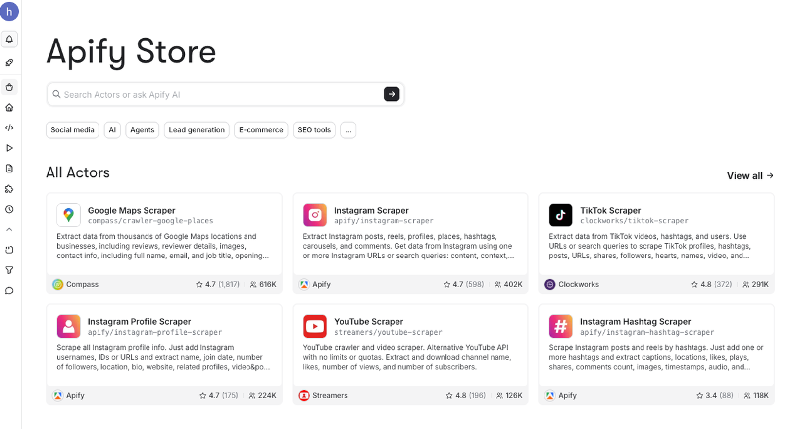 Apify Store interface featuring social media web scrapers as versatile firecrawl alternatives. 