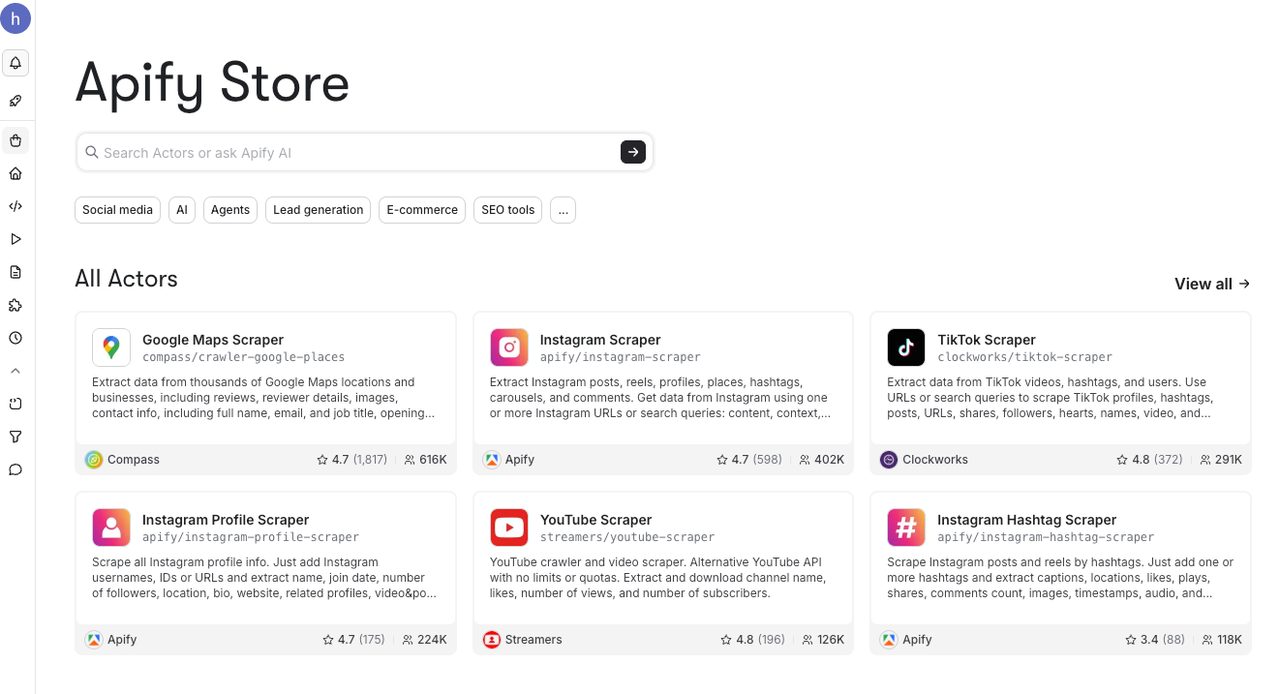 Apify Store interface featuring social media web scrapers as versatile firecrawl alternatives.