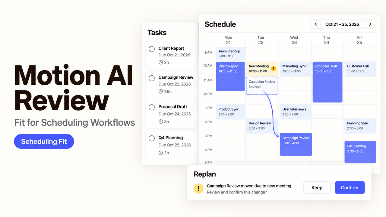 A Motion AI review showcasing its intelligent scheduling workflows that automatically replan tasks around new meetings.