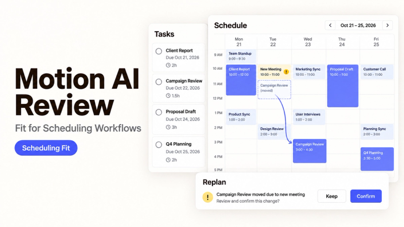 A Motion AI review showcasing its intelligent scheduling workflows that automatically replan tasks around new meetings.