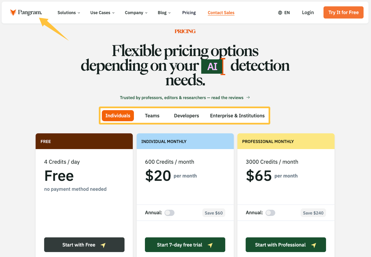 The flexible pricing page for the Pangram AI Detector, highlighting free, individual, and professional subscription plans.