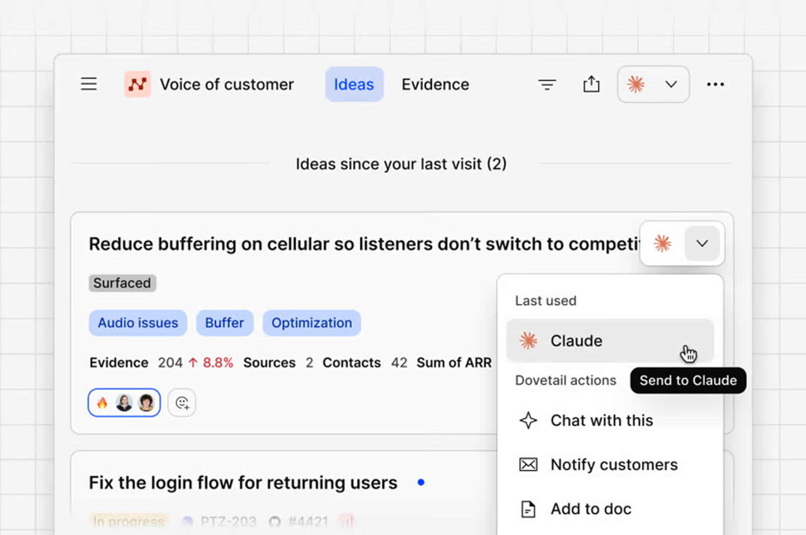 Action menu in a user interface, sending a feedback idea to Claude within sophisticated customer feedback tools.