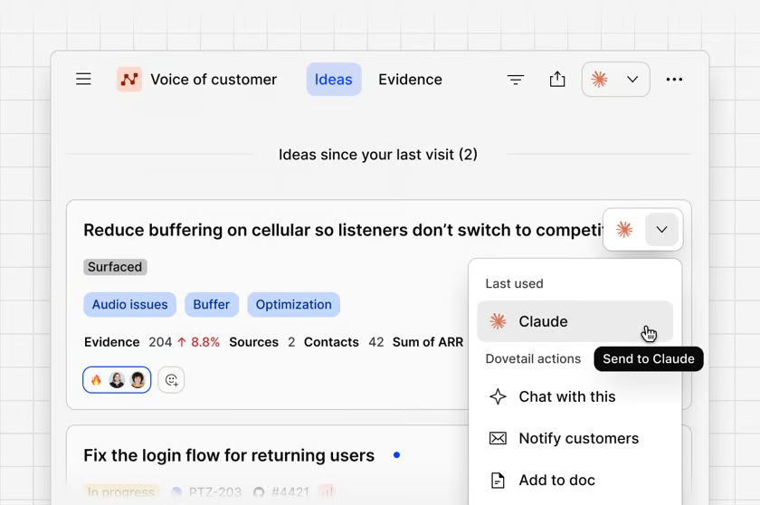 Action menu in a user interface, sending a feedback idea to Claude within sophisticated customer feedback tools.