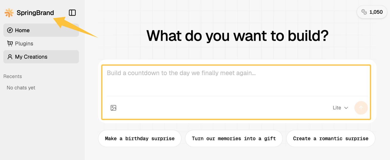 User interface of a platform used in AI agent development services, showing a prompt box asking what you want to build.