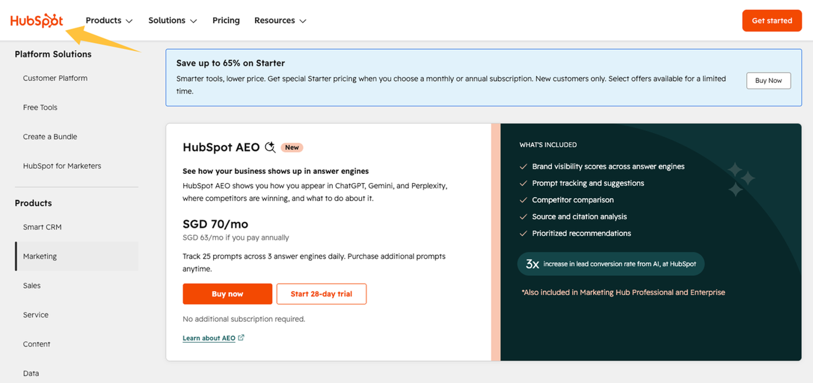 HubSpot AEO software subscription page, an example of software tools affecting digital marketing agency pricing.