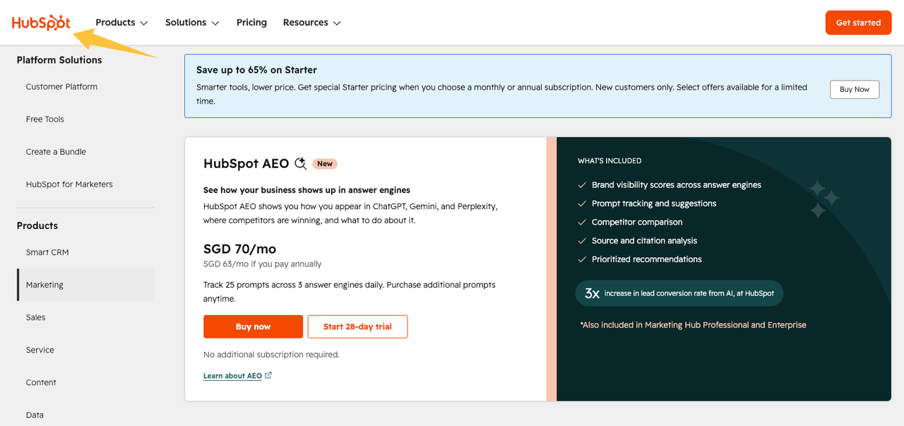 HubSpot AEO software subscription page, an example of software tools affecting digital marketing agency pricing.