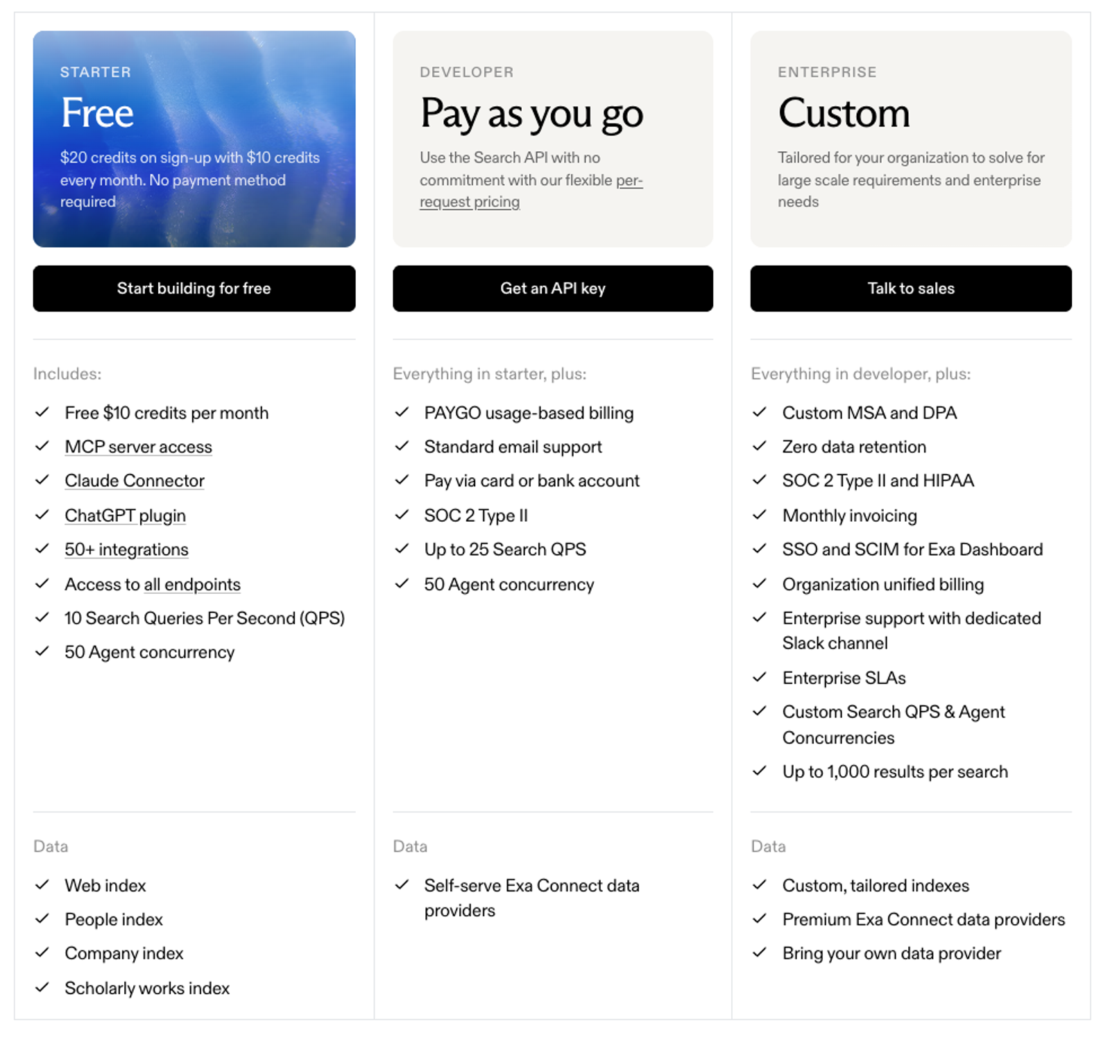 Exa MCP pricing tiers include a free Starter plan with server access, a Developer pay-as-you-go option, and Enterprise.