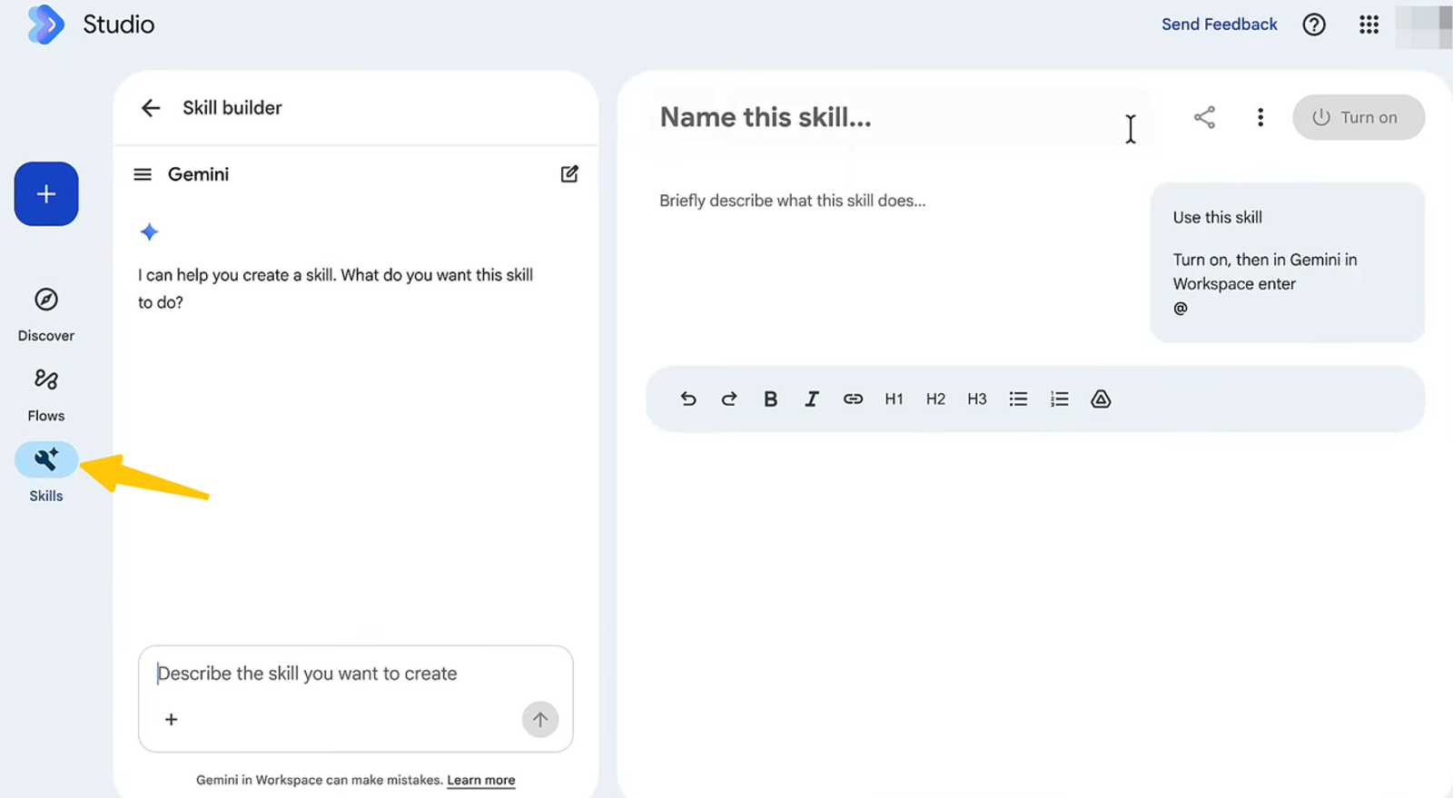 Highlighting the skills tab in the Gemini studio builder interface to enhance gemini skills marketing strategies.