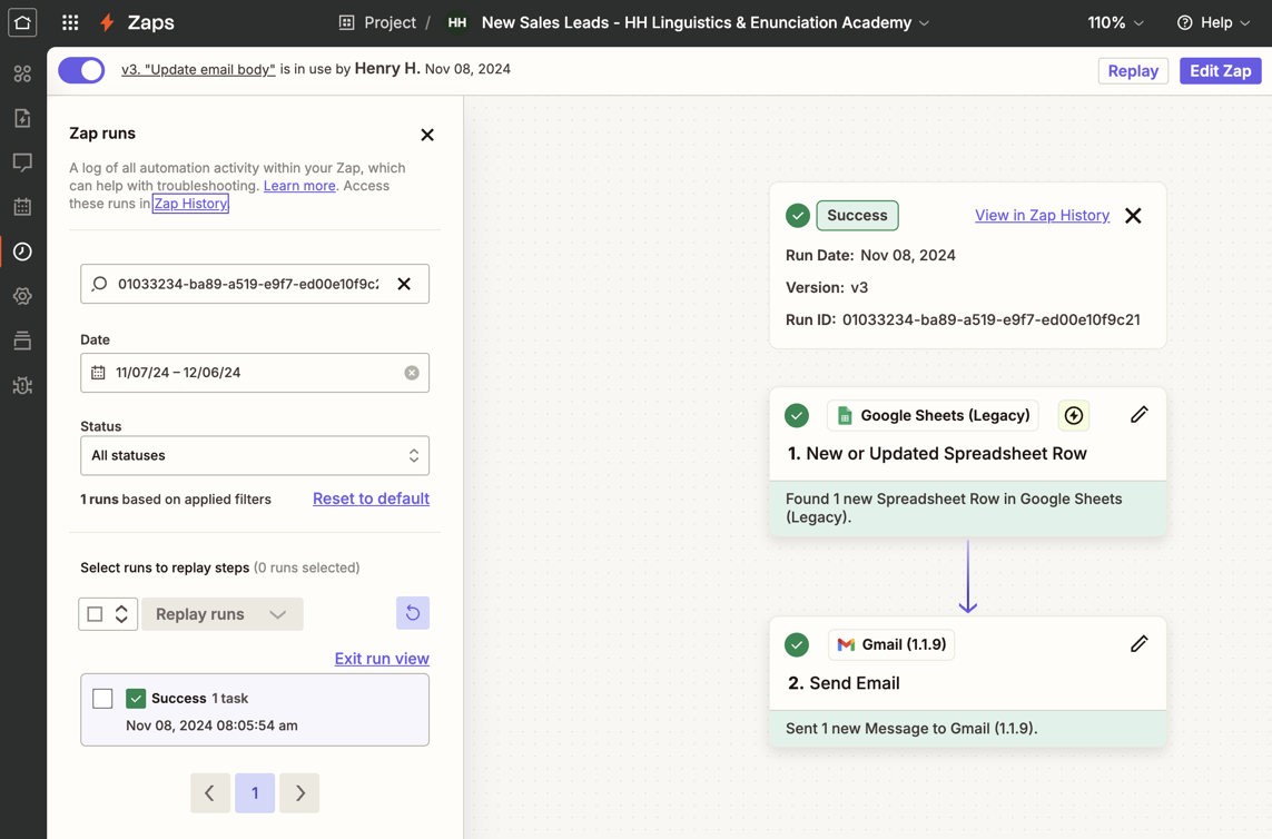 Zapier dashboard showing a successful workflow run from Google Sheets to Gmail, one of the best make alternatives.