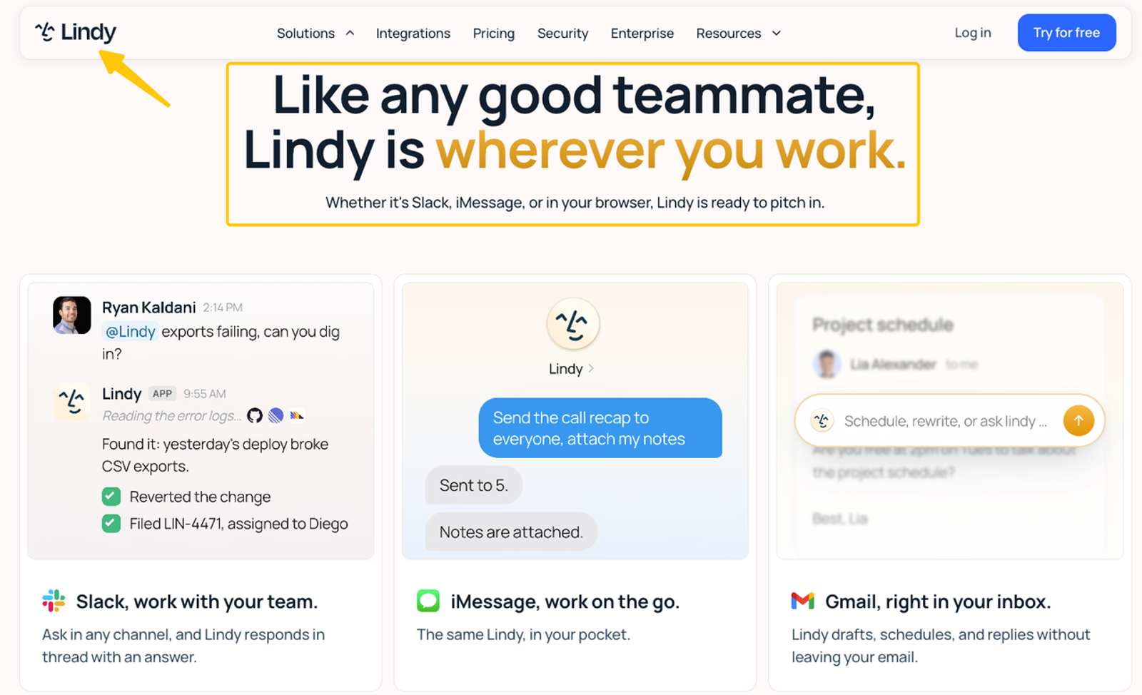 Screenshot showing Lindy, one of the best ai agents, integrated with Slack, iMessage, and Gmail.
