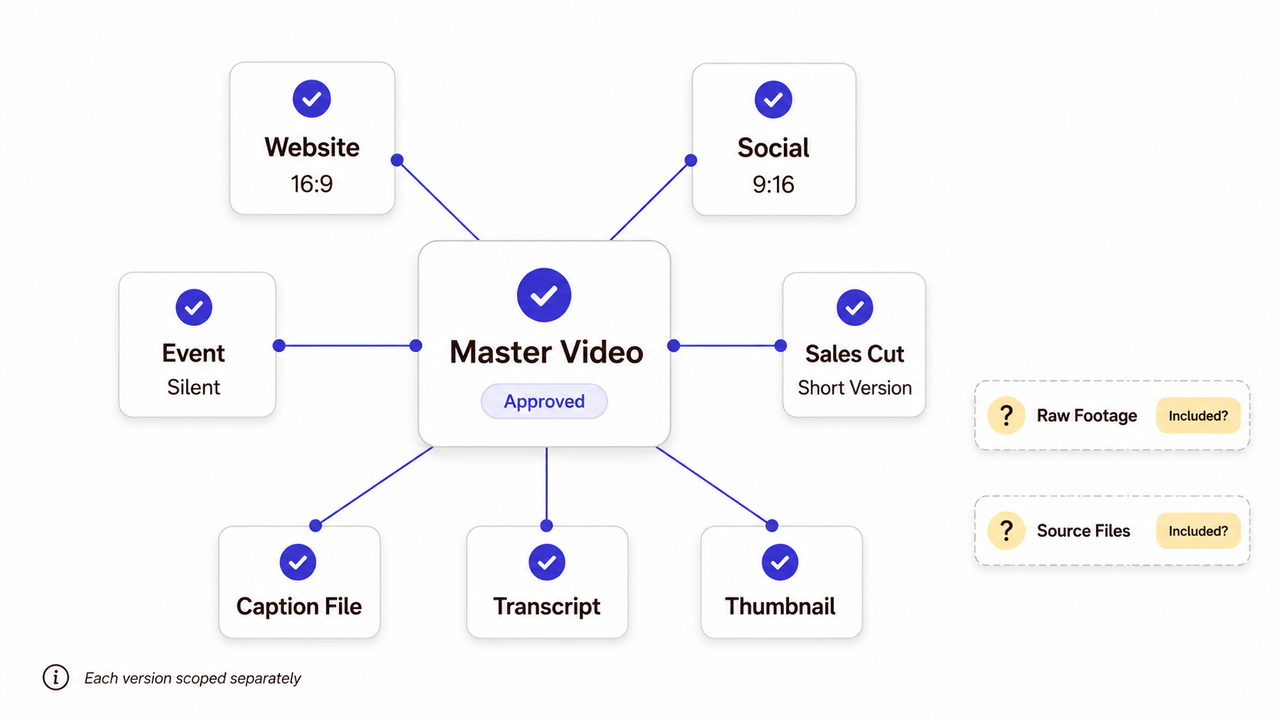 Diagram showing how a master corporate video production file is repurposed for social media, websites, and events.