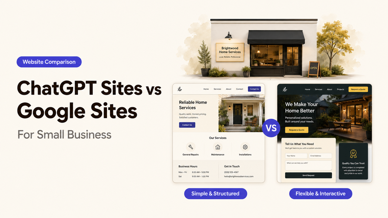 A layout comparing ChatGPT Sites vs Google Sites, showing visual differences and features.