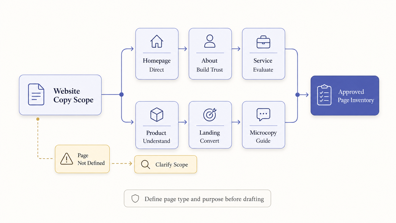 Flowchart showing the page inventory process for website copywriting services, from homepage and about pages to microcopy.