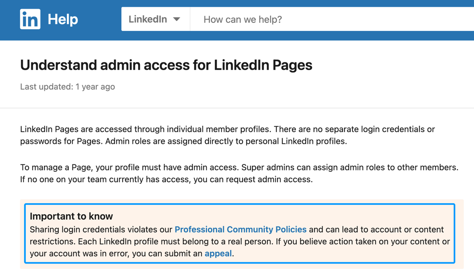 LinkedIn Help page detailing admin roles and how to manage multiple social media accounts safely without sharing logins.