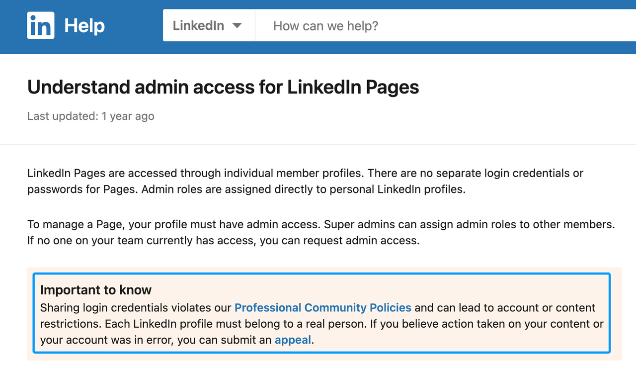 LinkedIn Help page detailing admin roles and how to manage multiple social media accounts safely without sharing logins.